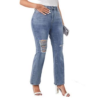 Women's Plus Size Ripped High Waist Distressed Jeans Wide Leg Baggy Denim Pants with Pockets