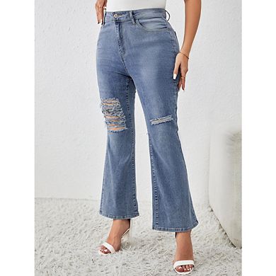Women's Plus Size Ripped High Waist Distressed Jeans Wide Leg Baggy Denim Pants with Pockets