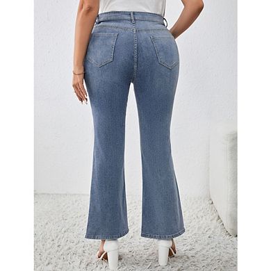 Women's Plus Size Ripped High Waist Distressed Jeans Wide Leg Baggy Denim Pants with Pockets