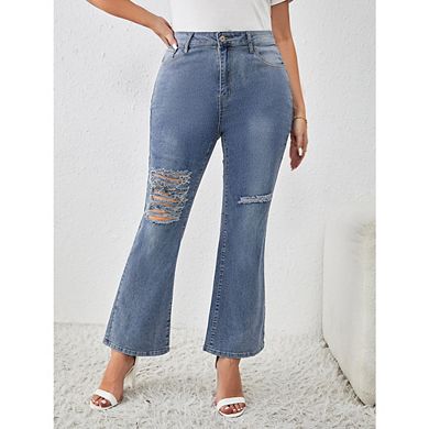 Women's Plus Size Ripped High Waist Distressed Jeans Wide Leg Baggy Denim Pants with Pockets