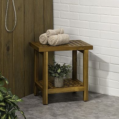 Armin 18.1" Modern Classic Grid Slat Solid Acacia Wood Indoor/Outdoor Shower Stool