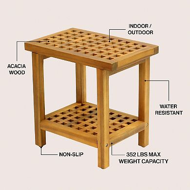 Armin 18.1" Modern Classic Grid Slat Solid Acacia Wood Indoor/Outdoor Shower Stool