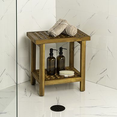 Armin 18.1" Modern Classic Grid Slat Solid Acacia Wood Indoor/Outdoor Shower Stool