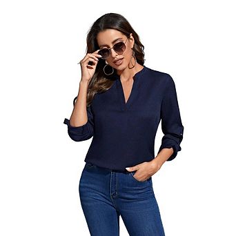 Womens Long Sleeve Shirt V Neck Business Casual Outfits Loose Fit Blouses Roll Tab Sleeve Clothes