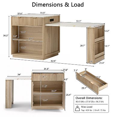 Whisen Fluted Kitchen Island with Extendable Dining Table