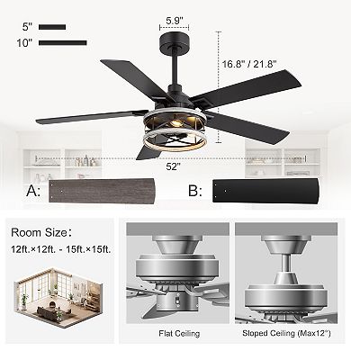 52-Inch Ceiling Fan with Light, 5 Reversible Blades, E12 Bulb Base, DC Motor, Includes two Downrods