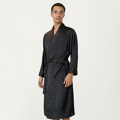 Men's Leopard Print Satin Robe with Waist Tie and Front Pockets