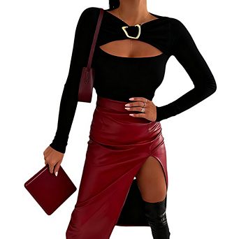Women Long Sleeve Slim Fit Top Metal Ring Decor Hollow Out Neck Y2k Stretchy Shirt Daily Streetwear