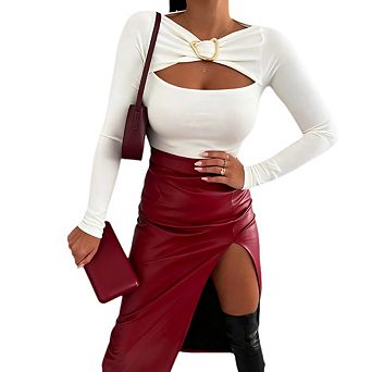 Women Long Sleeve Slim Fit Top Metal Ring Decor Hollow Out Neck Y2k Stretchy Shirt Daily Streetwear