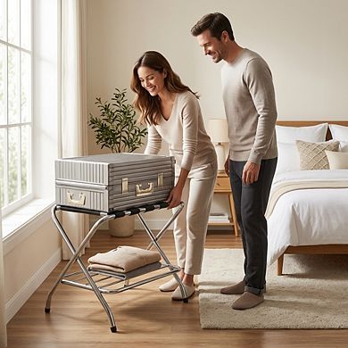 USTECH Foldable Double-Tier Metal Luggage Rack with Shelf for Guest Room, 26.5"x24"x3.5"