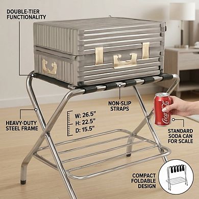 USTECH Foldable Double-Tier Metal Luggage Rack with Shelf for Guest Room, 26.5"x24"x3.5"
