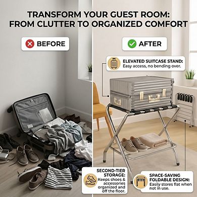 USTECH Foldable Double-Tier Metal Luggage Rack with Shelf for Guest Room, 26.5"x24"x3.5"