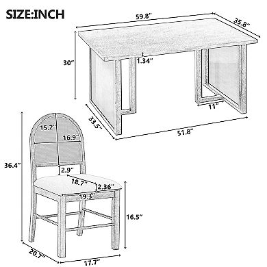 Whisen 7-Piece Rustic Dining Table Set with Distressed Oak Veneer and 6 Rattan Chairs