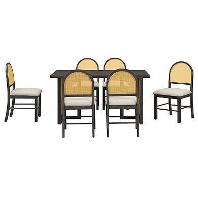 Whisen 7-Piece Rustic Dining Table Set with Distressed Oak Veneer and 6 Rattan Chairs