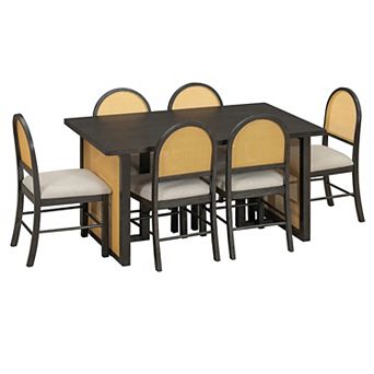 Whisen 7 pc Rustic Dining Table Set with Distressed Oak Veneer and 6 Rattan Chairs
