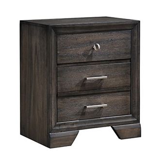 Jeni Nightstand, 3 Drawers, Chrome Metal Handles, Rustic Dark Gray