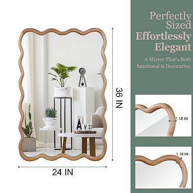Downloads: 28 Natural Wood Color 24"x36" Wavy Rectangle Solid Wood Frame Decorative Mirror