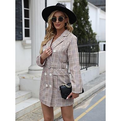 Womens Plaid Print Double Breasted Long Sleeved Work Blazer Dress Notched Lapel Blazer Dress