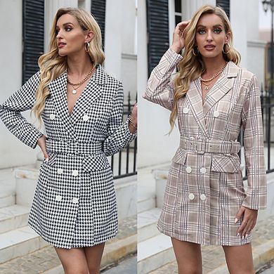 Womens Plaid Print Double Breasted Long Sleeved Work Blazer Dress Notched Lapel Blazer Dress
