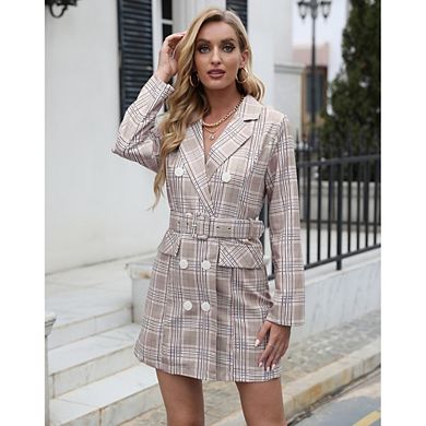 Womens Plaid Print Double Breasted Long Sleeved Work Blazer Dress Notched Lapel Blazer Dress