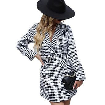 Womens Plaid Print Double Breasted Long Sleeved Work Blazer Dress Notched Lapel Blazer Dress