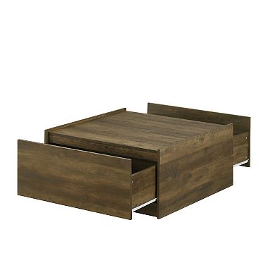 Trav Square Coffee Table, 2 Drawer, Raised Lip Tray Top, Brown 32 Inch