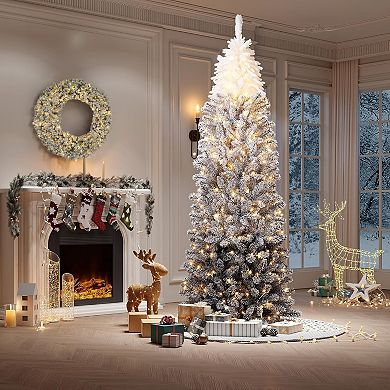 Prelit Black Pencil Christmas Tree, Flocked Gradient Xmas Tree with LED, Metal Stand