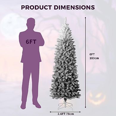 Prelit Black Pencil Christmas Tree, Flocked Gradient Xmas Tree with LED, Metal Stand