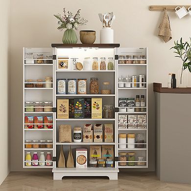 HOMCOM Kitchen Pantry Cabinet with Sensing LED Light Storage Cabinet