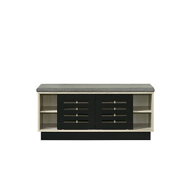Moxie Shoe Cabinet, Black Sliding Doors, Fabric Top, Oak Wood 39 Inch
