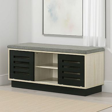 Moxie Shoe Cabinet, Black Sliding Doors, Fabric Top, Oak Wood 39 Inch