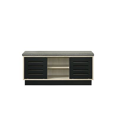 Moxie Shoe Cabinet, Black Sliding Doors, Fabric Top, Oak Wood 39 Inch