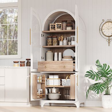 Whisen Arched Kitchen Pantry with Door Shelves, Hidden Drawer & Glass Door