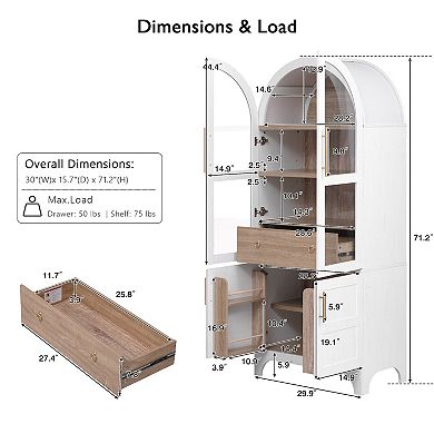 Whisen Arched Kitchen Pantry with Door Shelves, Hidden Drawer & Glass Door
