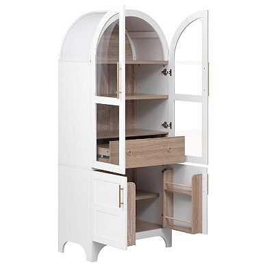 Whisen Arched Kitchen Pantry with Door Shelves, Hidden Drawer & Glass Door
