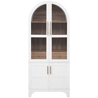 Whisen Arched Kitchen Pantry with Door Shelves, Hidden Drawer & Glass Door