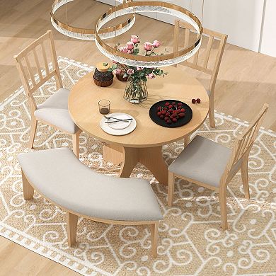 Whisen 5-piece Rustic Charm Round Dining Set with 3 Upholstered Chairs and 1 Curved Bench