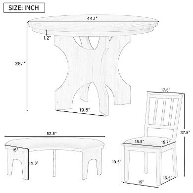 Whisen 5-piece Rustic Charm Round Dining Set with 3 Upholstered Chairs and 1 Curved Bench