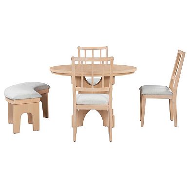 Whisen 5-piece Rustic Charm Round Dining Set with 3 Upholstered Chairs and 1 Curved Bench