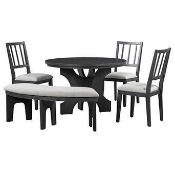 Whisen 5 pc Rustic Charm Round Dining Set with 3 Upholstered Chairs and 1 Curved Bench