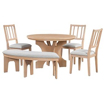 Whisen 5 pc Rustic Charm Round Dining Set with 3 Upholstered Chairs and 1 Curved Bench