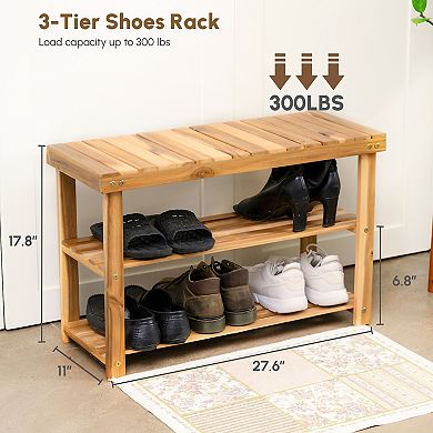 2-Tier Natural Wooden Shoe Organizer for Entryway, Front Door, or Bathroom