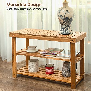 2-Tier Natural Wooden Shoe Organizer for Entryway, Front Door, or Bathroom