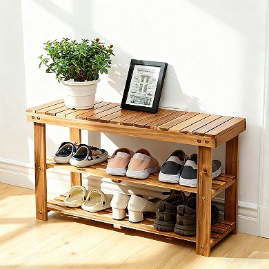 2-Tier Natural Wooden Shoe Organizer for Entryway, Front Door, or Bathroom