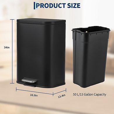 Fancihabor 13.2 Gallon black stainless steel step-on trash can, soft-close lid & removable bucket