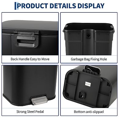 Fancihabor 13.2 Gallon black stainless steel step-on trash can, soft-close lid & removable bucket