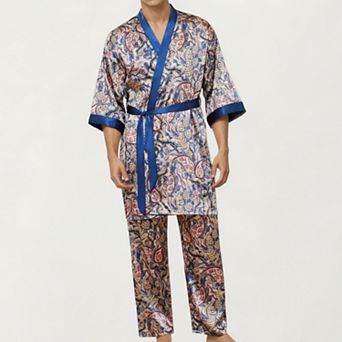 Men's 2 pc Set Satin Robe and Pants with Paisley Print and Contrast Trim