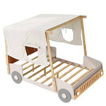 Whisen Wooden Car Bed with Pillow, Ceiling Cloth and LED