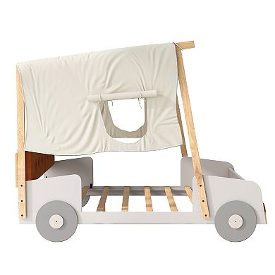 Whisen Wooden Car Bed with Pillow, Ceiling Cloth and LED