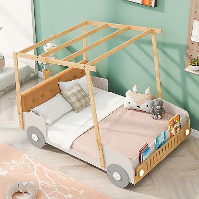 Whisen Wooden Car Bed with Pillow, Ceiling Cloth and LED